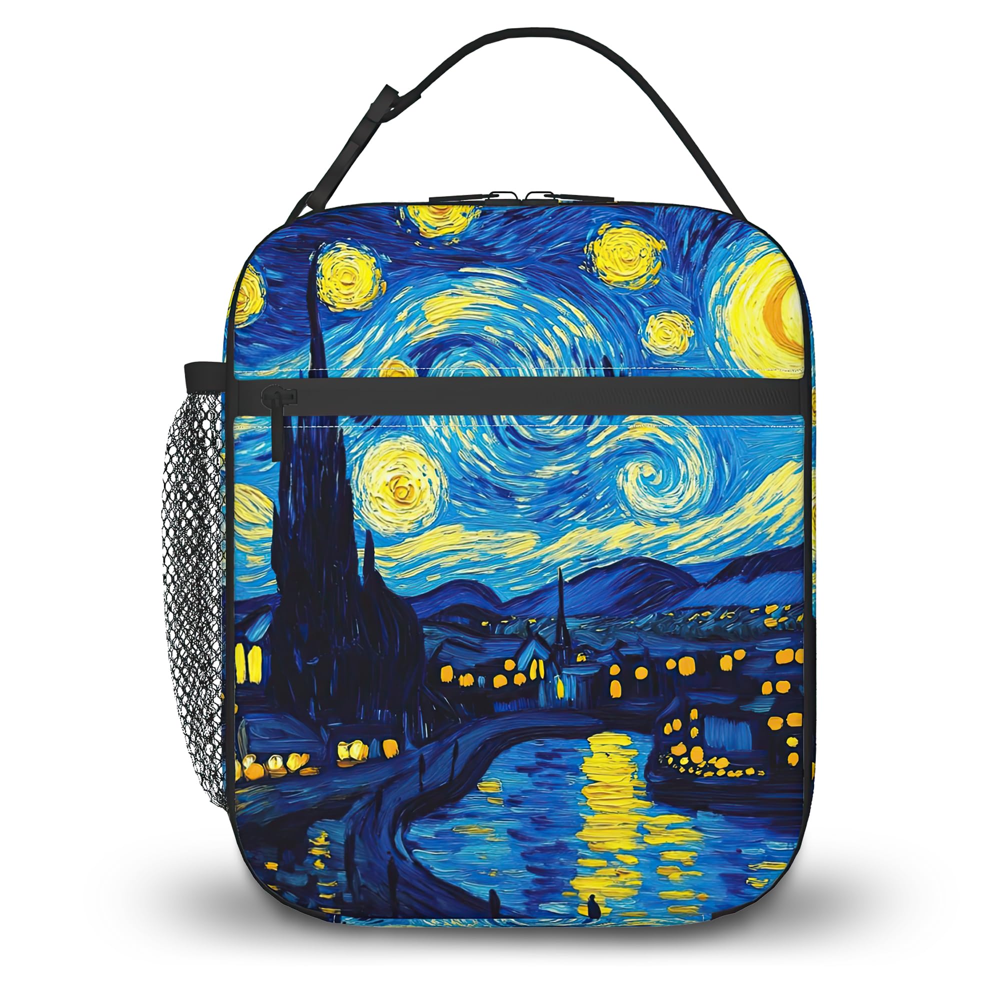 Starry Night SwirlInsulated Small Lunch Box,Van Gogh Style Starry Village Reusable Lunch Bag for Kids and Adults, Cute Animal Portable Thermal Bag with Multiple Pockets for School, Work, Picnic