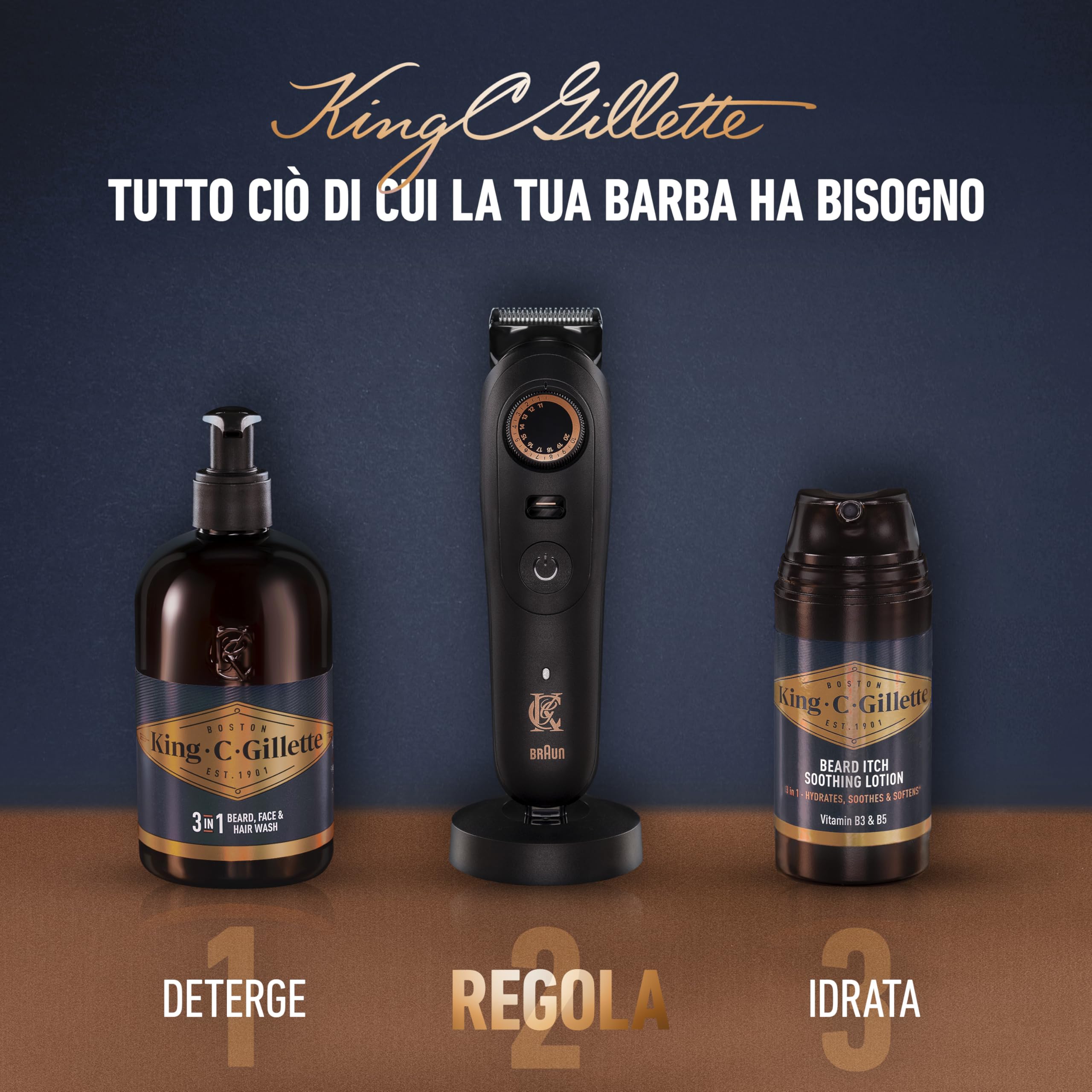 King C. Gillette Rasoio Elettrico Barba Pro Max con Accessori | Regolabarba Uomo Senza Fili, 40 Impostazioni Lunghezza, Blocco Sicurezza, Spazzolina Pulizia, 4 Pettini, Base Ricarica