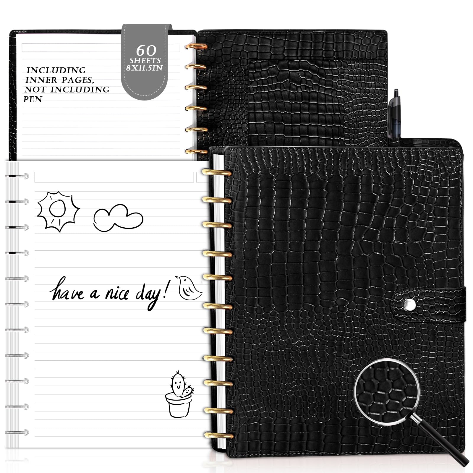 PU Leather Discbound Notebook Letter Size 8.5" x 11" Wide Ruled 60 Sheets Refills Leather Cover Discbound Notebook and Disc Set Discbound Planner