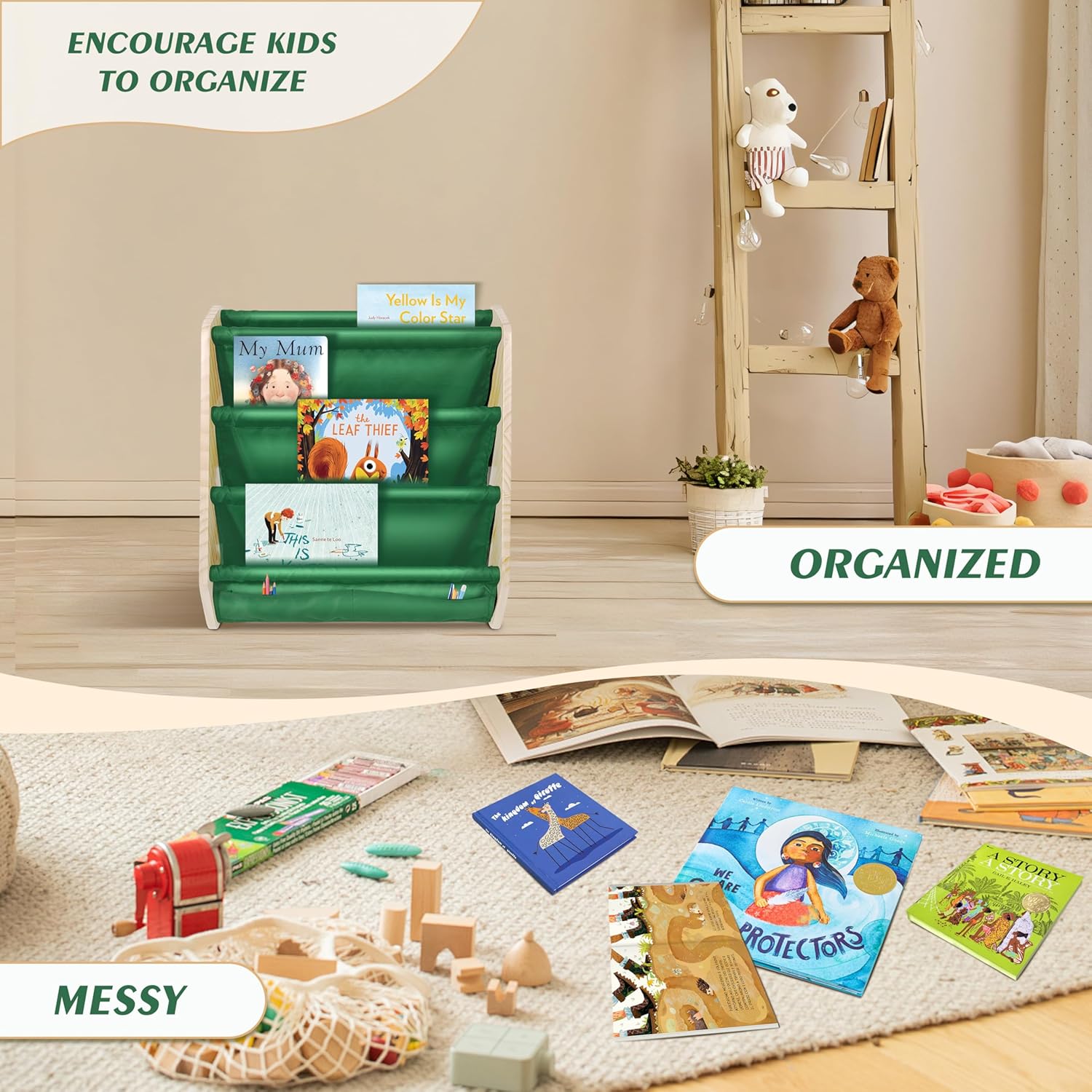 2 Pack Solid Wood Montessori Bookshelf Kids Book Shelf 4-Tier Sling Toddler Book Shelves Book Rack for Kids Room Bedroom Playroom Kids Book Organizer Floor Baby Bookcase Green