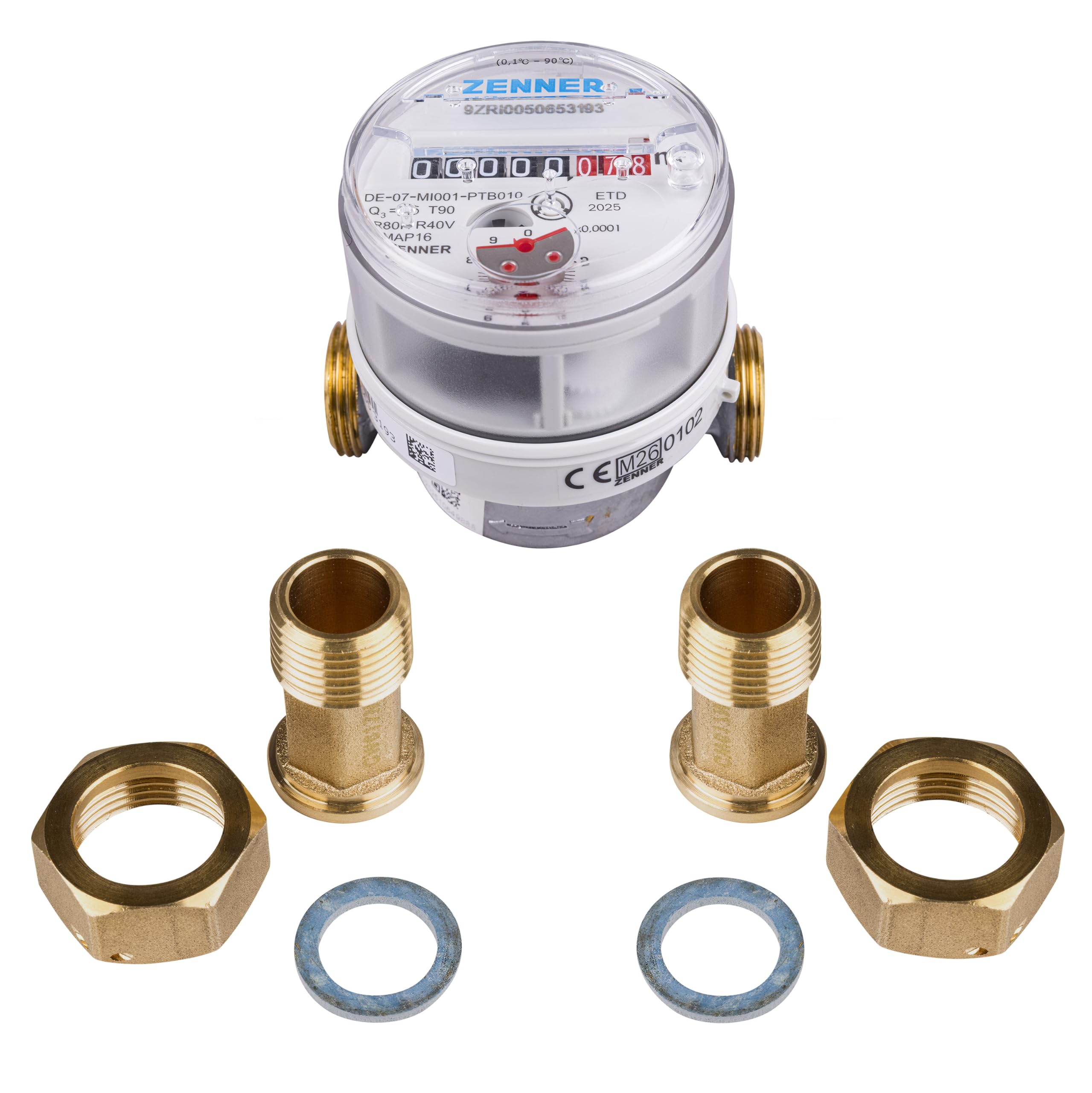 Zenner Compteur d'eau 1/2" eau froide et chaude 80 mm de longueur avec raccord et kit de joints, calibrage 2026
