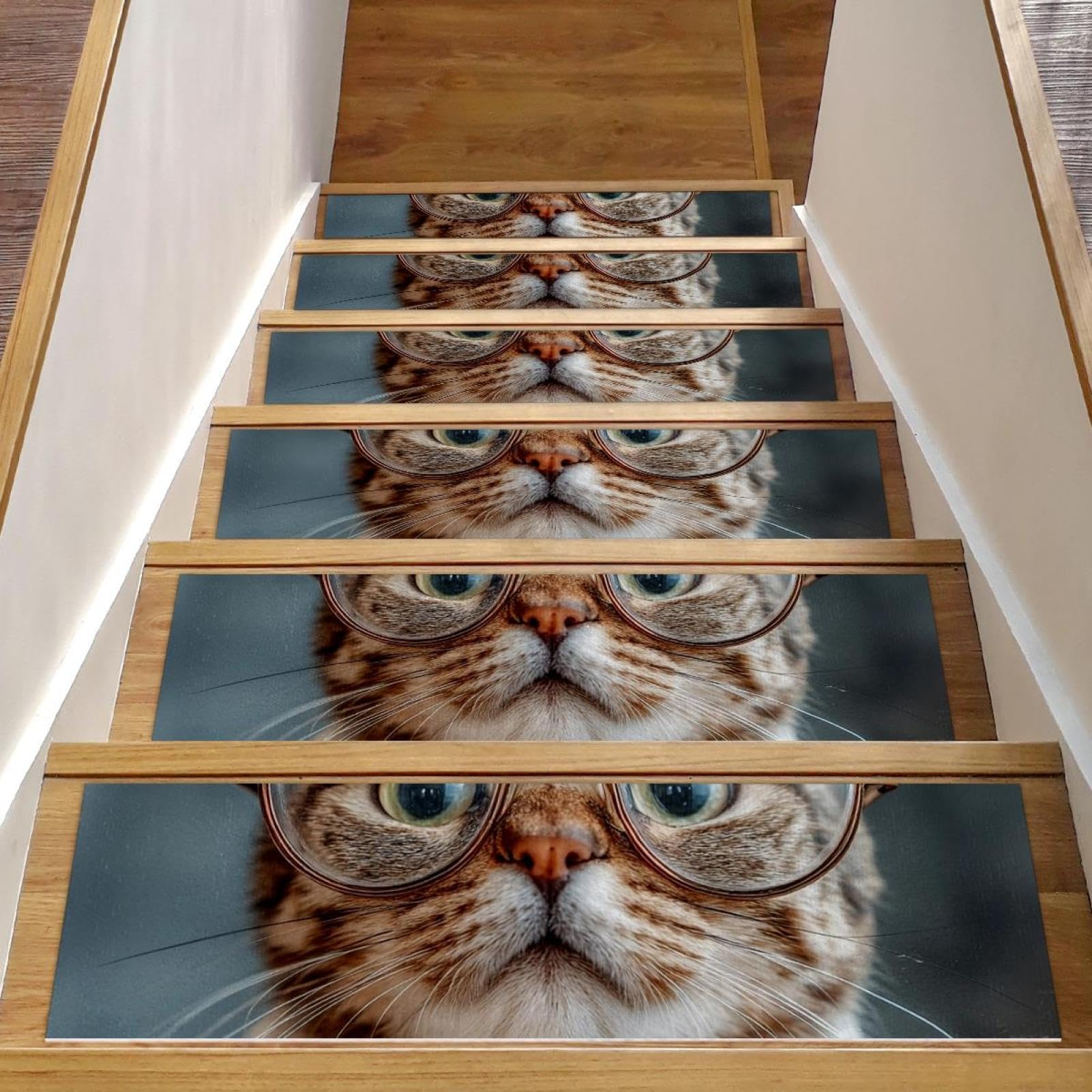 CHENZZZZ Stair Treads for Wooden Steps Indoor,Set of 15 Non Slip Cat with Glasses (1) Stair Treads Carpet for Elders,Kids,Dogs