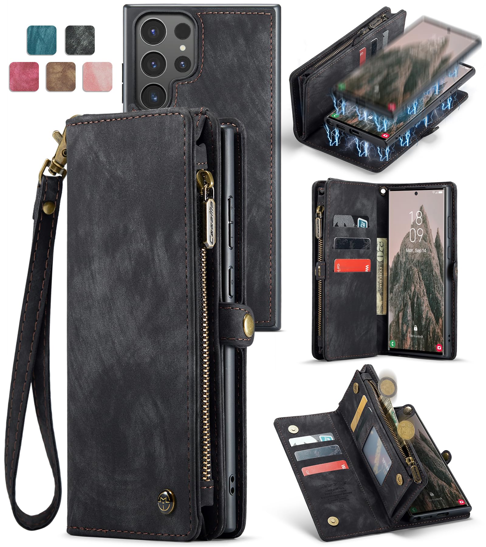 SZHAIYU 2 in 1 Detachable for Samsung Galaxy S24 Ultra Wallet Case with Card Holder, Retro Premium Flip Leather Cover Magnetic Zipper Pocket Phone