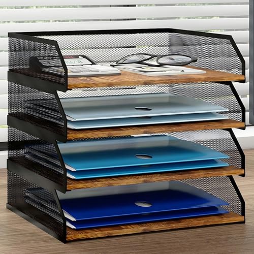 Miniatura 9 de Natwind Bandeja de papel apilable de 3 niveles, organizador de escritorio de malla metálica, clasificador de papel, bandejas para cartas, estante de