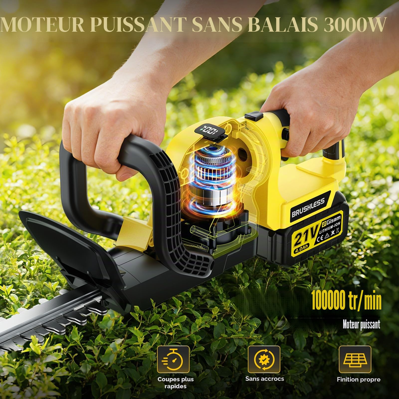 Taille-Haie Sans Fil 22 Pouces, Moteur Sans Balais 3000 W, 2 Batteries 4,0 Ah, Lame SK5 Double Action, Diamètre de Coupe 16 mm, Poignée Pivotante 180°