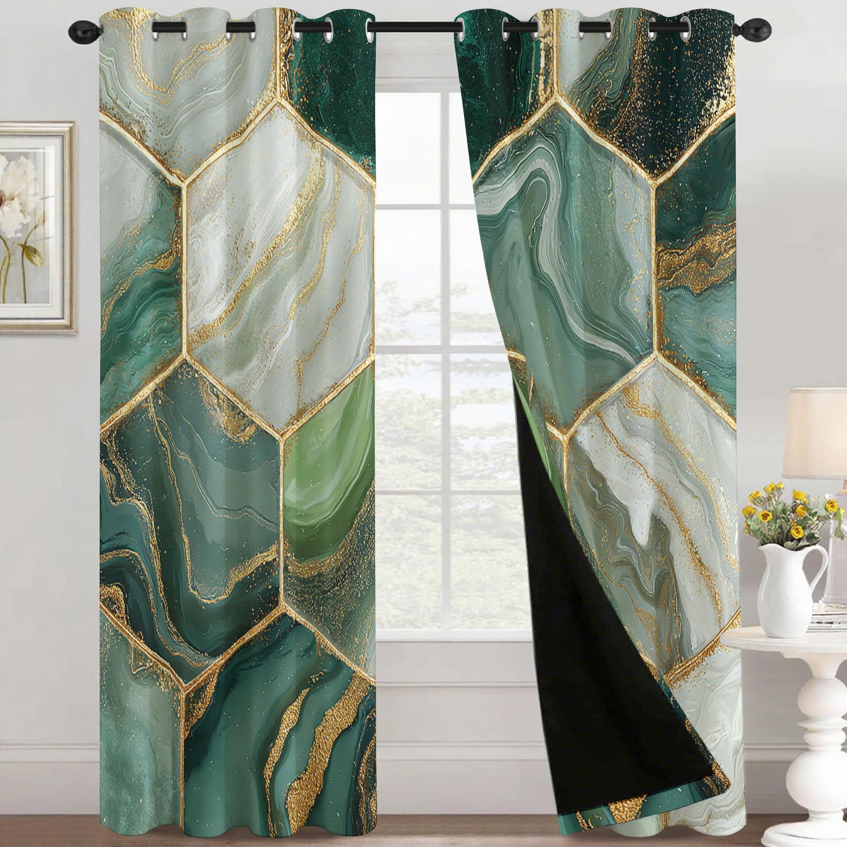 Marmor Vorhänge Mit ösen Blickdicht, Modern Grün Geometrisch Vorhang Schlafzimmer Wohnzimmer Küche 110 x 215 cm Lang, Übergardinen Innen Verdunklungsvorhänge