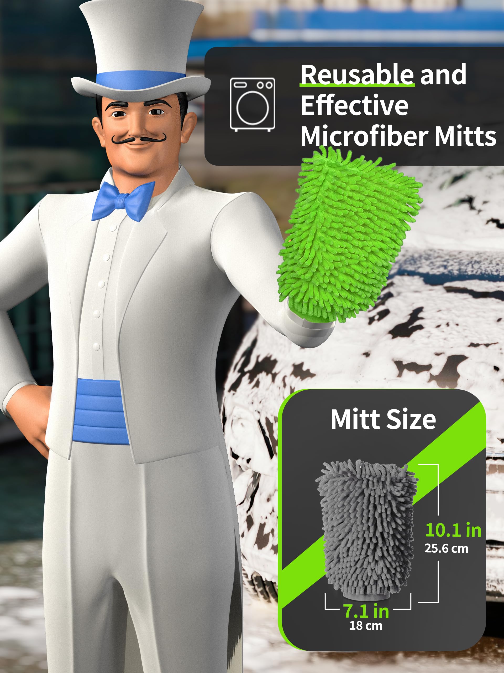 MR.SIGA Microfibre Car Wash Mitt, Super Absorbent & Scratch-Free Wash Mitt for Car Washing, Streak-Free Noodle Glove for Lifting Dirt, Pack of 2, Green & Grey — view 2