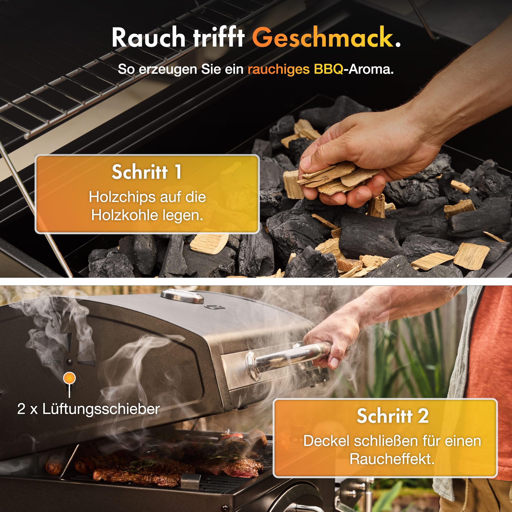 VonHaus Holzkohlegrill XL, Amerikanisher Barbecue 2-in-1 Grill und Smoker mit Warmhalterost, Klappablagen, Temperaturanzeige, Grillrost, Luftventilen, Tragbar, Für Fleisch, Fisch und Gemüse