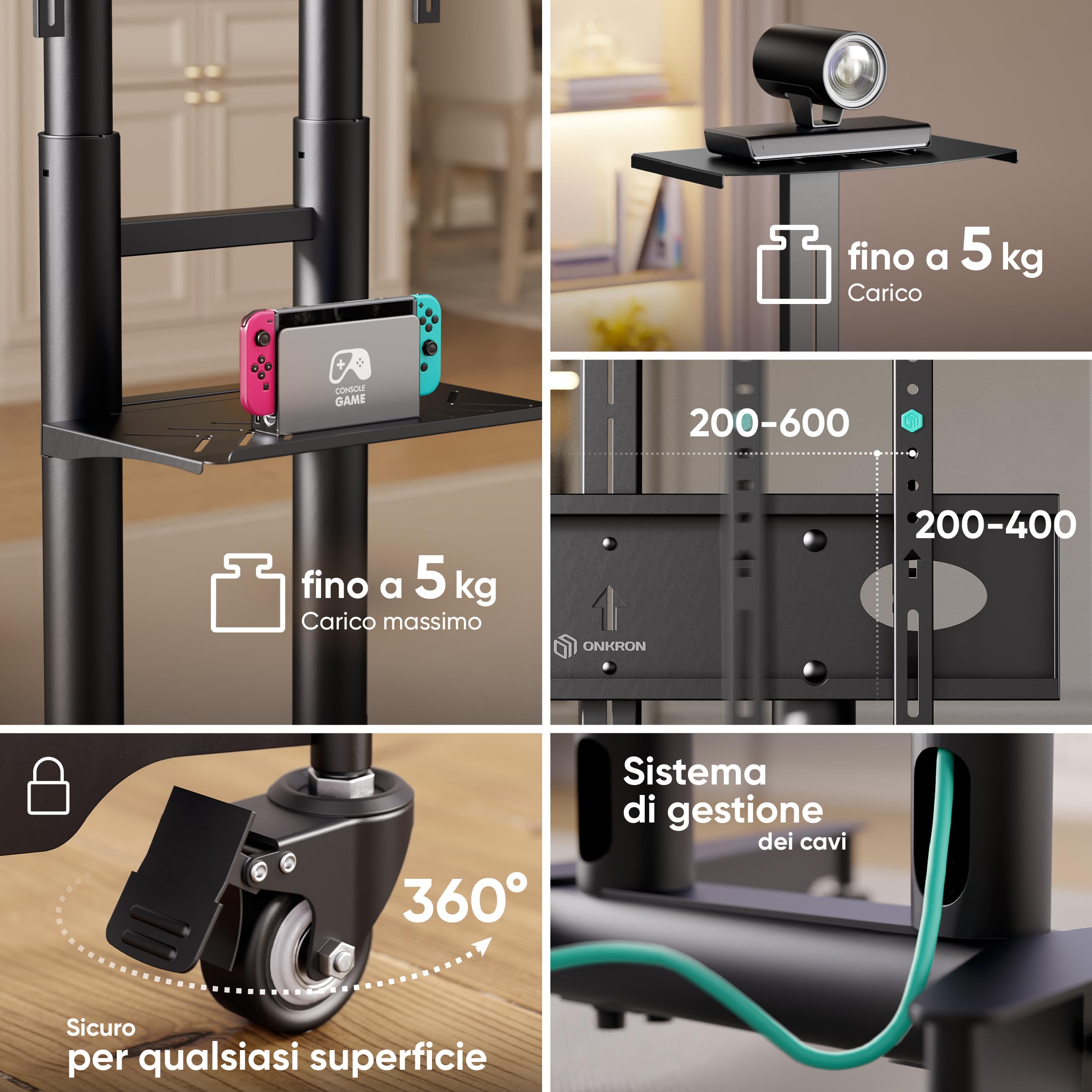 ONKRON Supporto TV con Ruote 32"-75", 50 kg, max VESA 600x400, TS1571-B | Carrello per TV nero, altezza 1065-1415 mm, ripiani AV e mensola per webcam, ruote bloccabili; per aule, eventi e riunioni