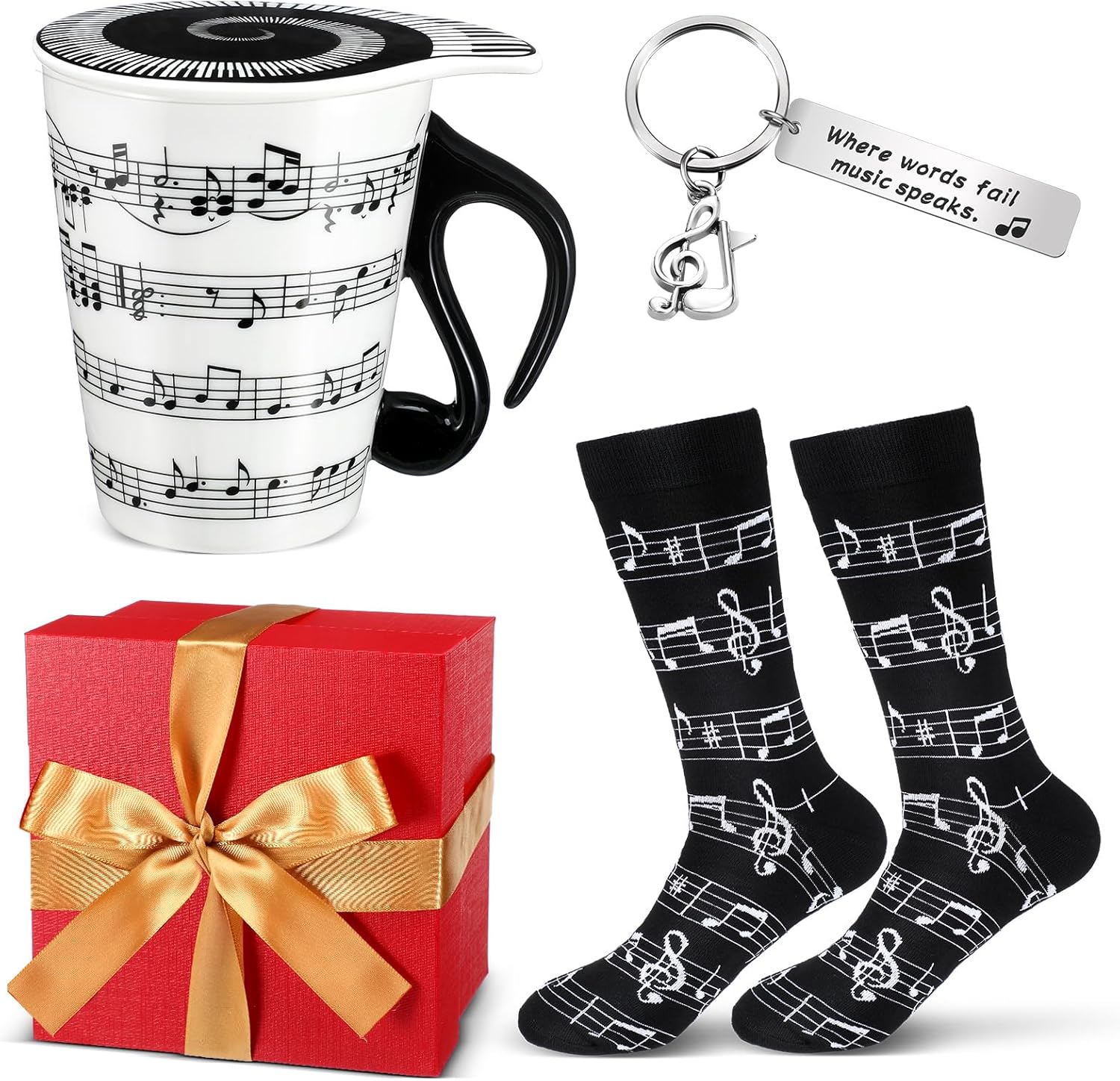 Tioncy 4 Pcs Music Lover Teacher Gifts - Music Coffee Mug Cup with Lid, Note Socks, Keychain, Red Gift Box for Graduation, Birthday, Christmas Students, Men, Women, Band, Musician