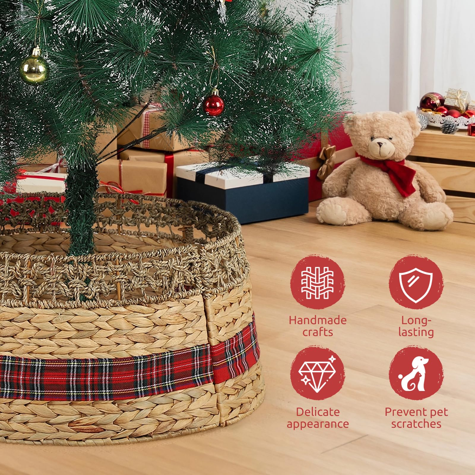 yeesport Woven Christmas Tree Collar, Scratch-Proof Woven Hyacinth Christmas Tree Skirt, Rustic Farmhouse Christmas Woven Rattan Ring Base Cover-22.05inch, Braided Base Cover for Christmas Tree