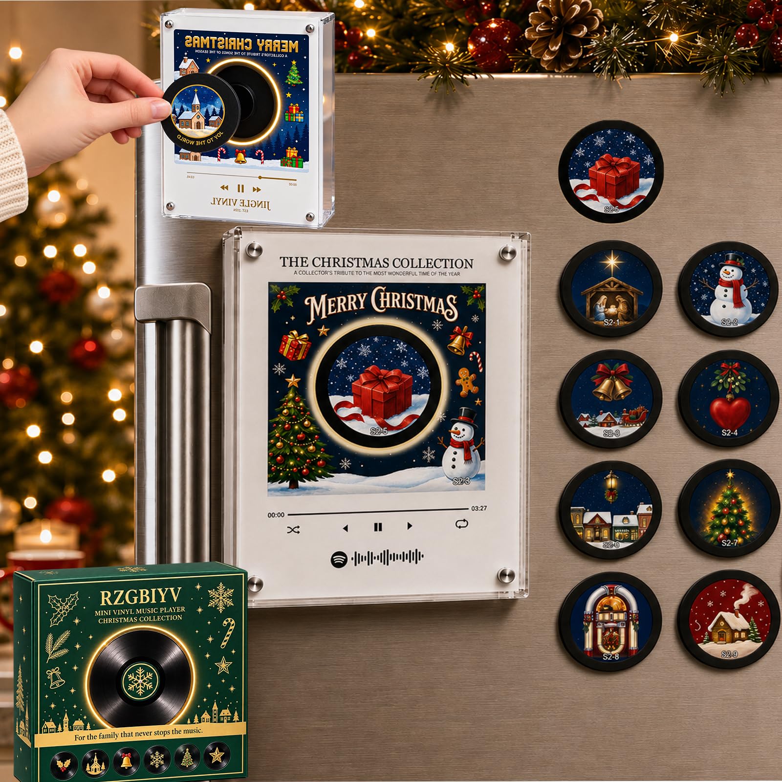 Aimant De Frigo Musical Noel,Mini Vinyle Frigo Noel,9 Disques Programmables,128 Mo De MéMoire IntéGréE,Audio Personnalisé, LumièRes LED,Commutation Facile,Chargement USB-C (B)
