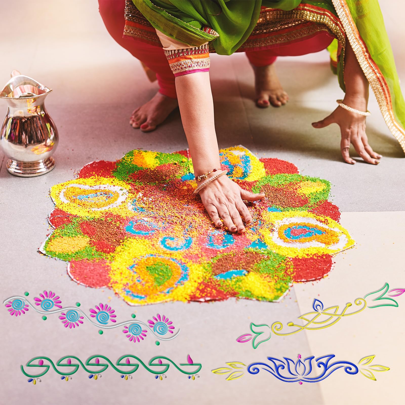 Stencil Rangoli in Legno Set 4 Pezzi Modelli Decorativi Mandala Fiori Riutilizzabili per Pittura Decorazione Pavimento