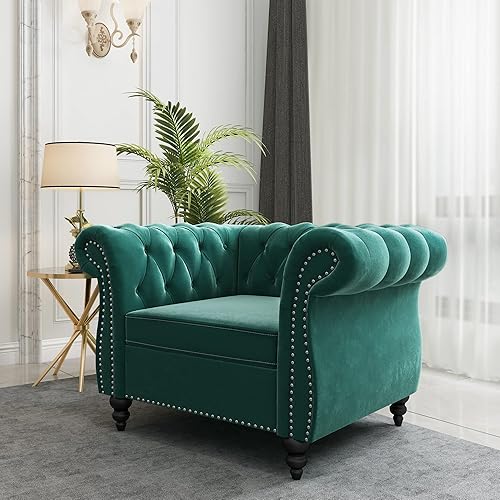 QHITTY Accent Chair, Chesterfield Chair Modern Velvet Upholstered Chair with Tufted Back for Living Room Furniture (Green)