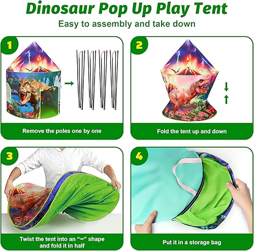 Miniatura 8 de HopeRock Tienda de campaña para niños con botón de rugido, tienda de campaña de dinosaurio para niños y niñas con juguetes de dinosaurio para niños