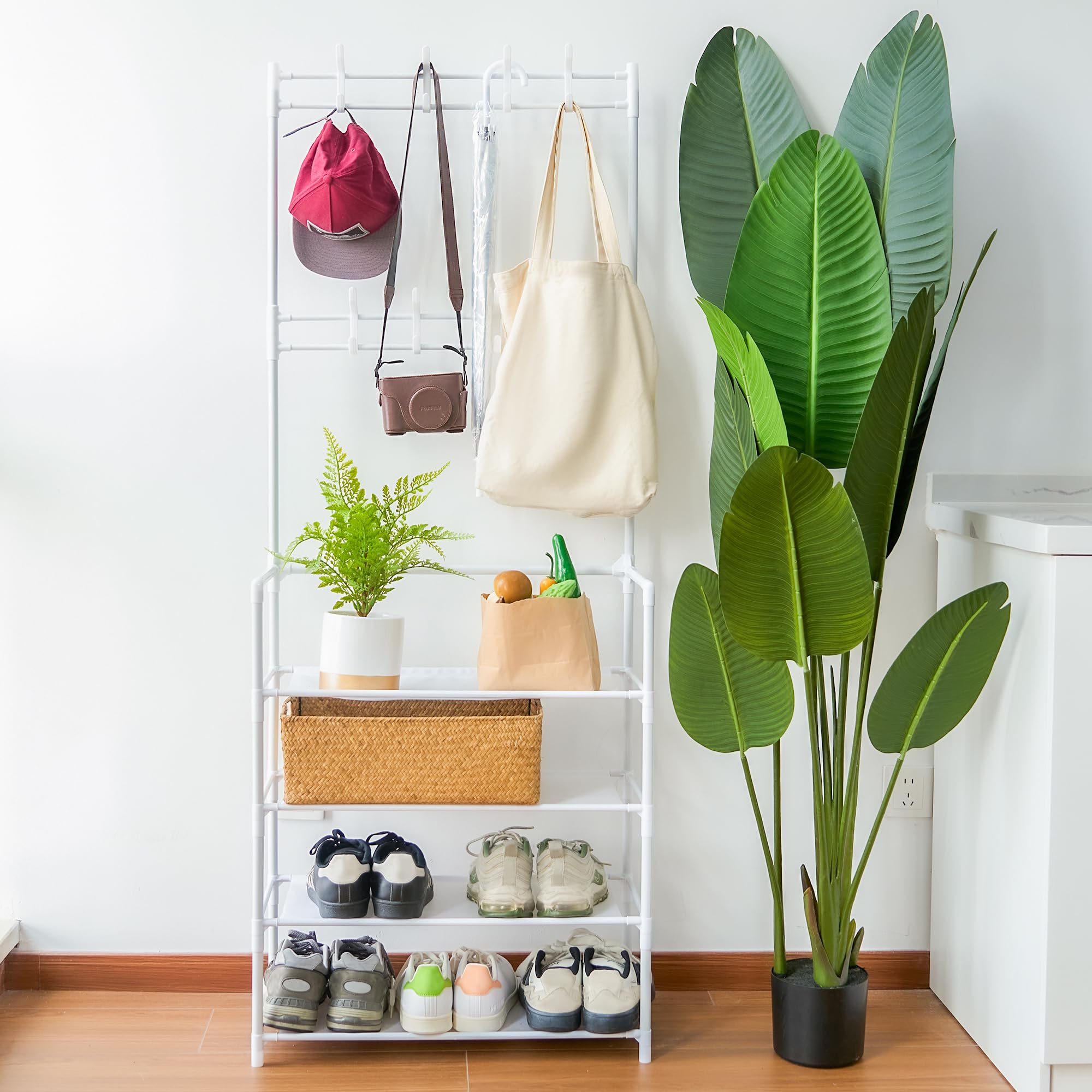 Hawthyhome Coat Rack Stand with 4 Tier Shoe Rack and 8 Hooks for Storage, Fits Well in the Hallway, Bedroom, Living Room and Bathroom 60 x 26 x 150 cm, White