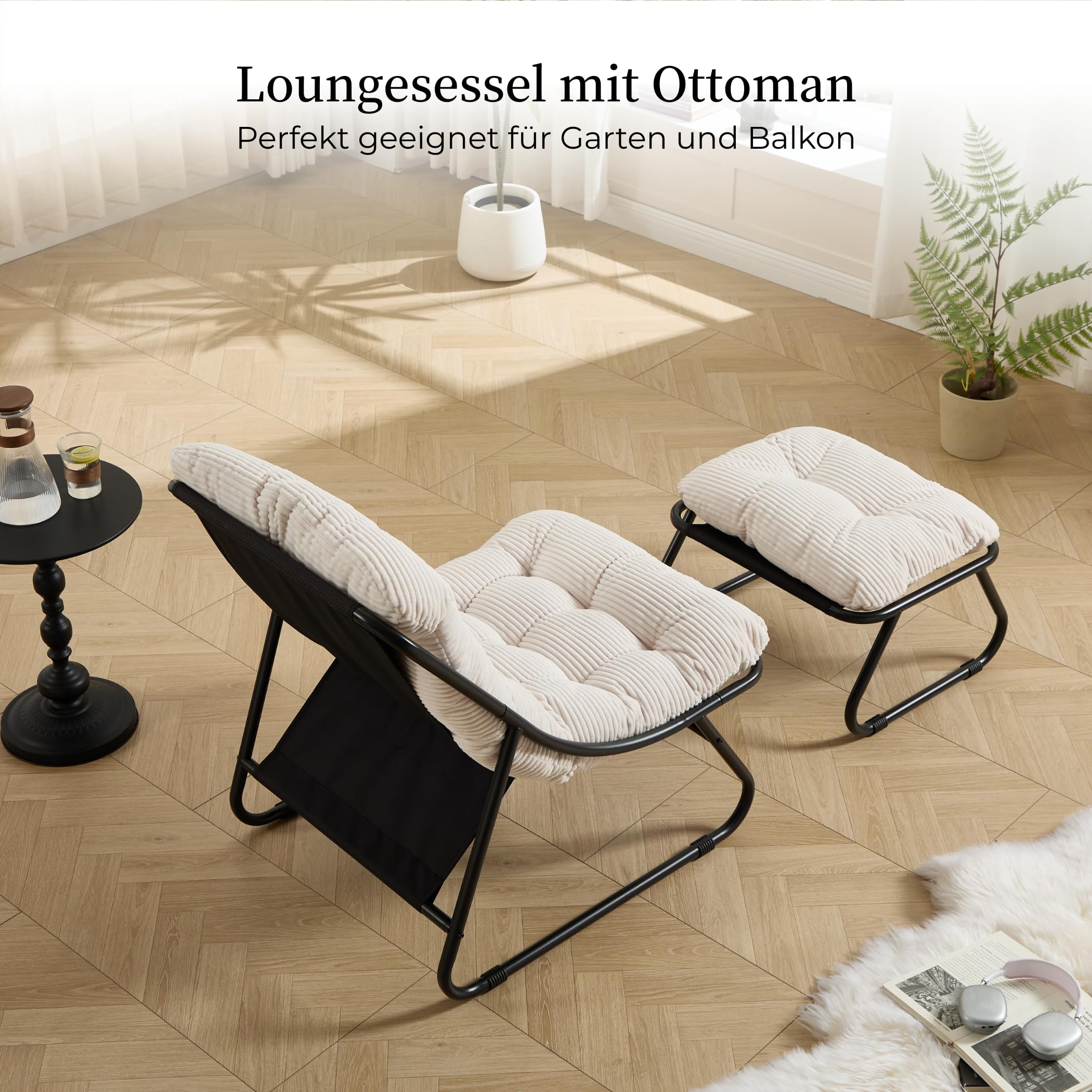 Loungesessel mit Ottoman, Liegestuhl & Relaxsessel aus Stahl, mit separatem Kissen und rutschfesten Fußpolstern – Outdoor Gartenstuhl für Entspannung im Freien, Garten & Balkon (Cremeweiß, Cord)