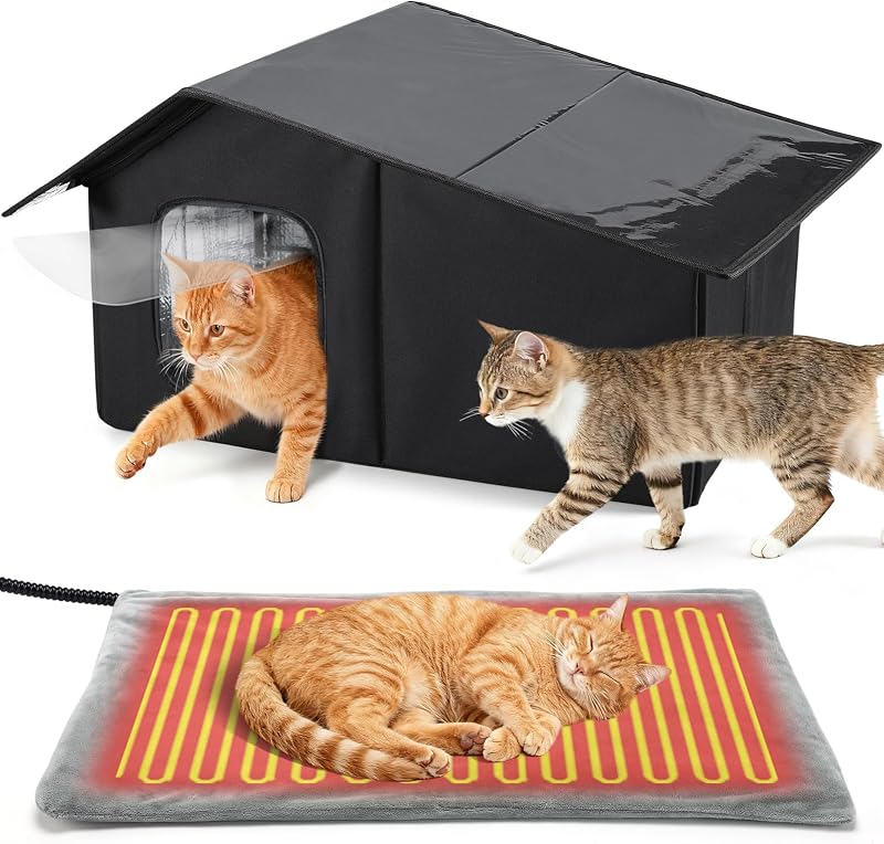 Casa Aquecida para Gatos MEWTOGO com Teto Impermeável de PVC e Almofada Termostática, Preta