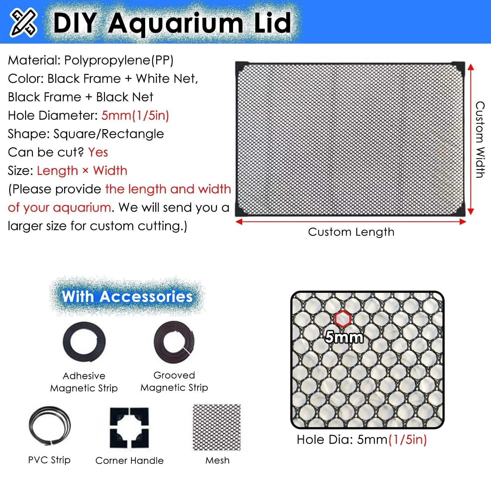 Regulowana magnetyczna pokrywa do akwarium - prostokątna siatka ochronna do terrarium (50 x 25 cm / 19,7 x 9,8 cala) - idealna do akwariów DIY i akwariów na ryby