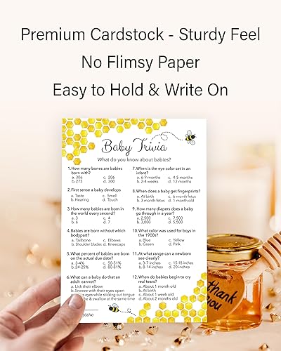 Miniatura 6 de Juego de baby shower de abeja  Juego de Baby Trivia  Paquete de 25  Mamá a abeja abejorro amarillo neutro divertido juegos de fiesta de datos de