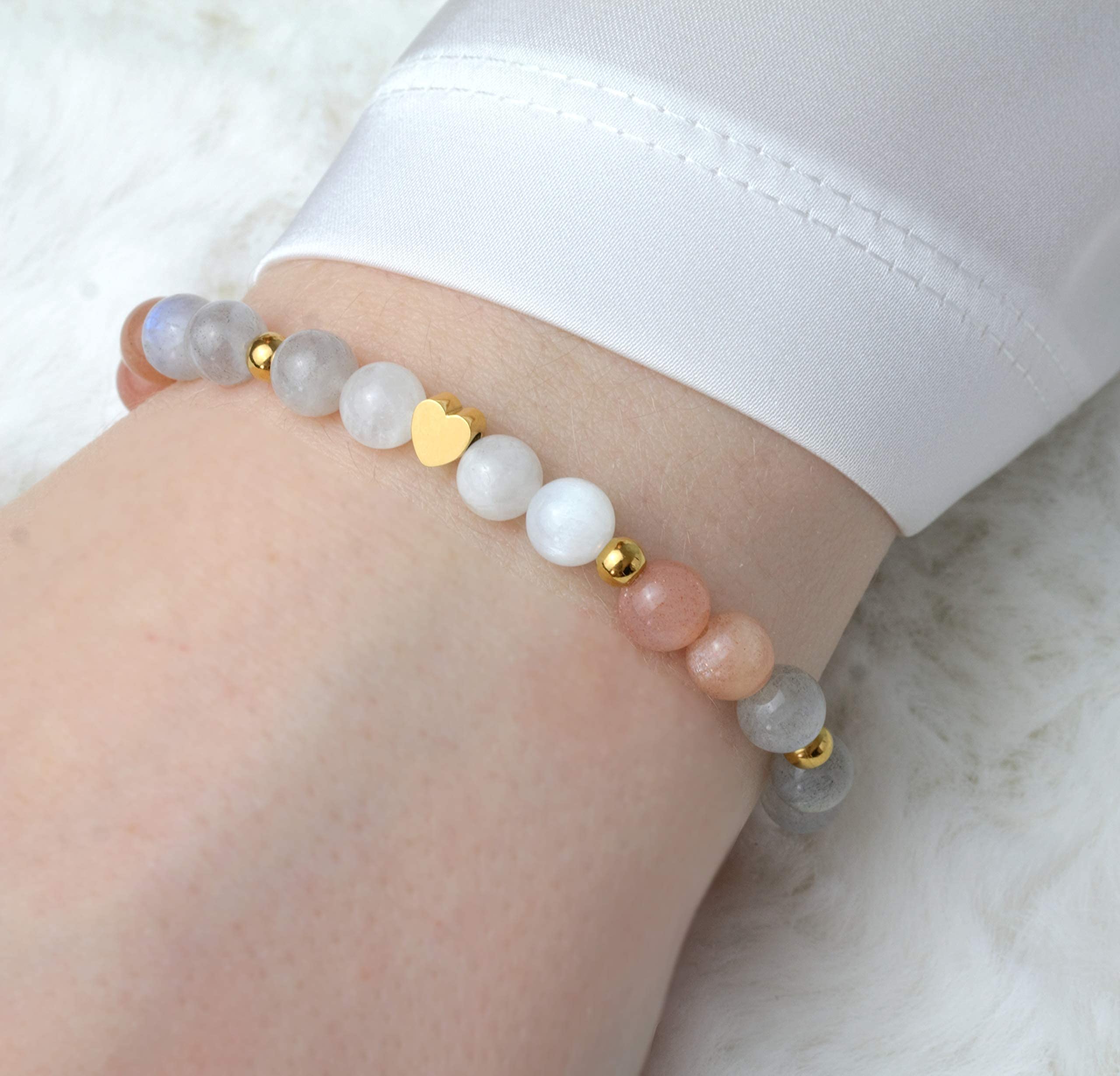 KARYSMA Damen-Armband aus echten Edelsteinen, mit Herz, elastisch, schönes Geschenk zum Geburtstag oder Muttertag
