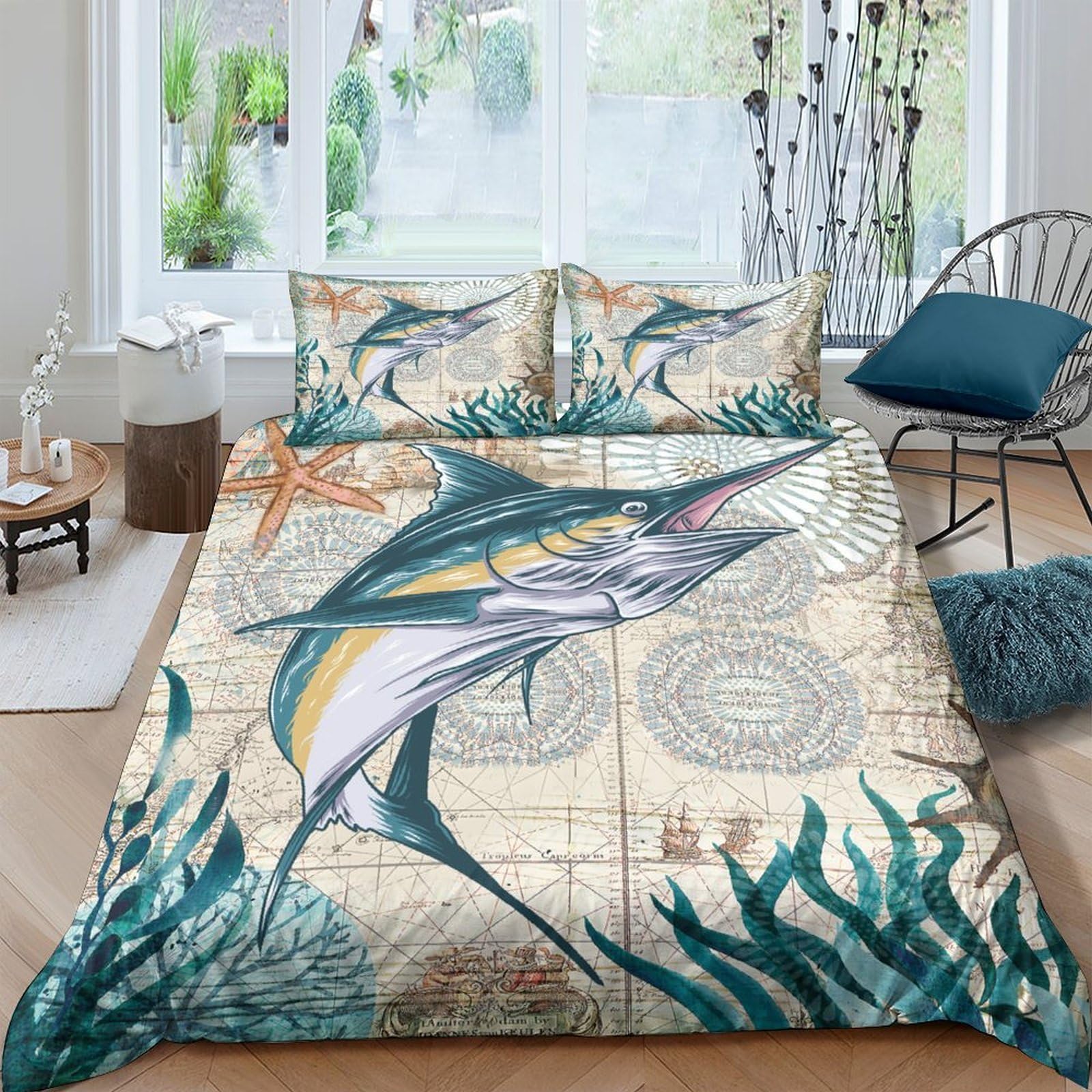 Ctjqhvkz Style-3 3D Printed Marlin Ocean Fitted Sheet Microfiber Soft Anti-Slip Retro Nautical Bed Cover For Bedroom Guestroom Decor Single（135X200cm）