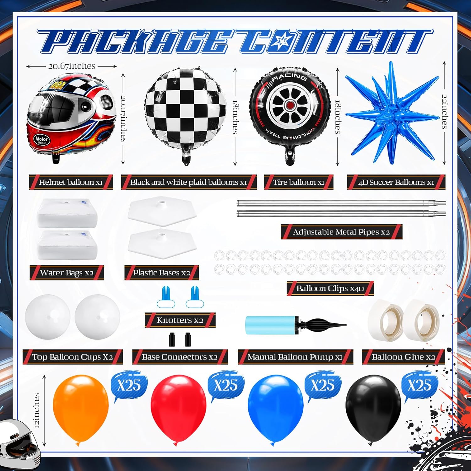 Kasyat 2 Sets Hot Car Balloon Column Stand Kit with Star Race Tire Wheels Helmets Checked Foil Balloons Race Car Arch Garland Kit for Floor for Racing Themed Birthday Party Decorations