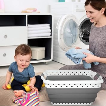 Lavish Home Collapsible Plastic Laundry Basket - Space-Saving Portable Clothes Hamper with Comfort Grip Handles for Laundry Room Organization and Storage (Gray)