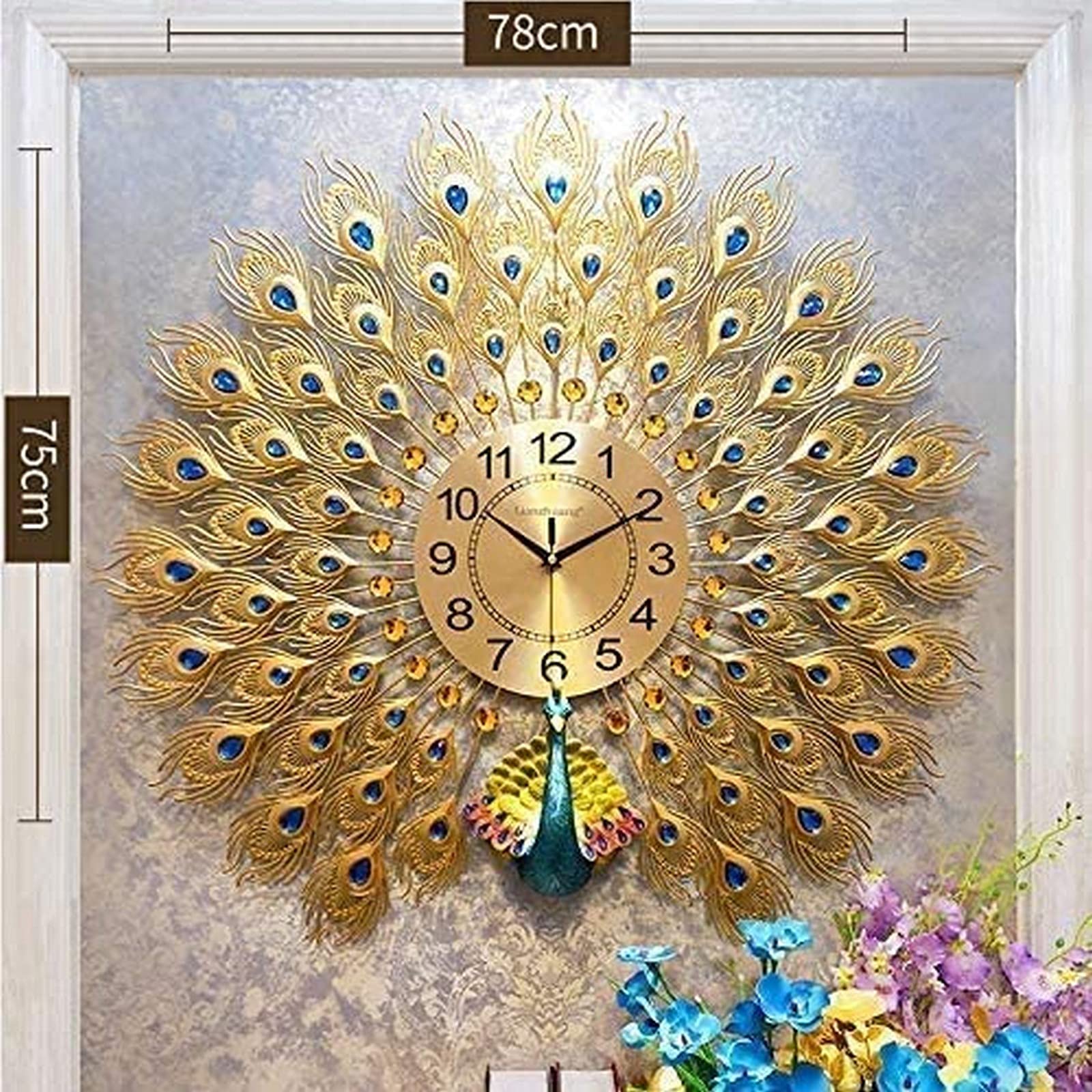 TYUHDUYUR Wall Clock Silent, Large Wall Clock Peacock Silent Modern Wall Clock Living Room 3D Non-Tick Clock Art Home Decorative Silent Clocks (C)
