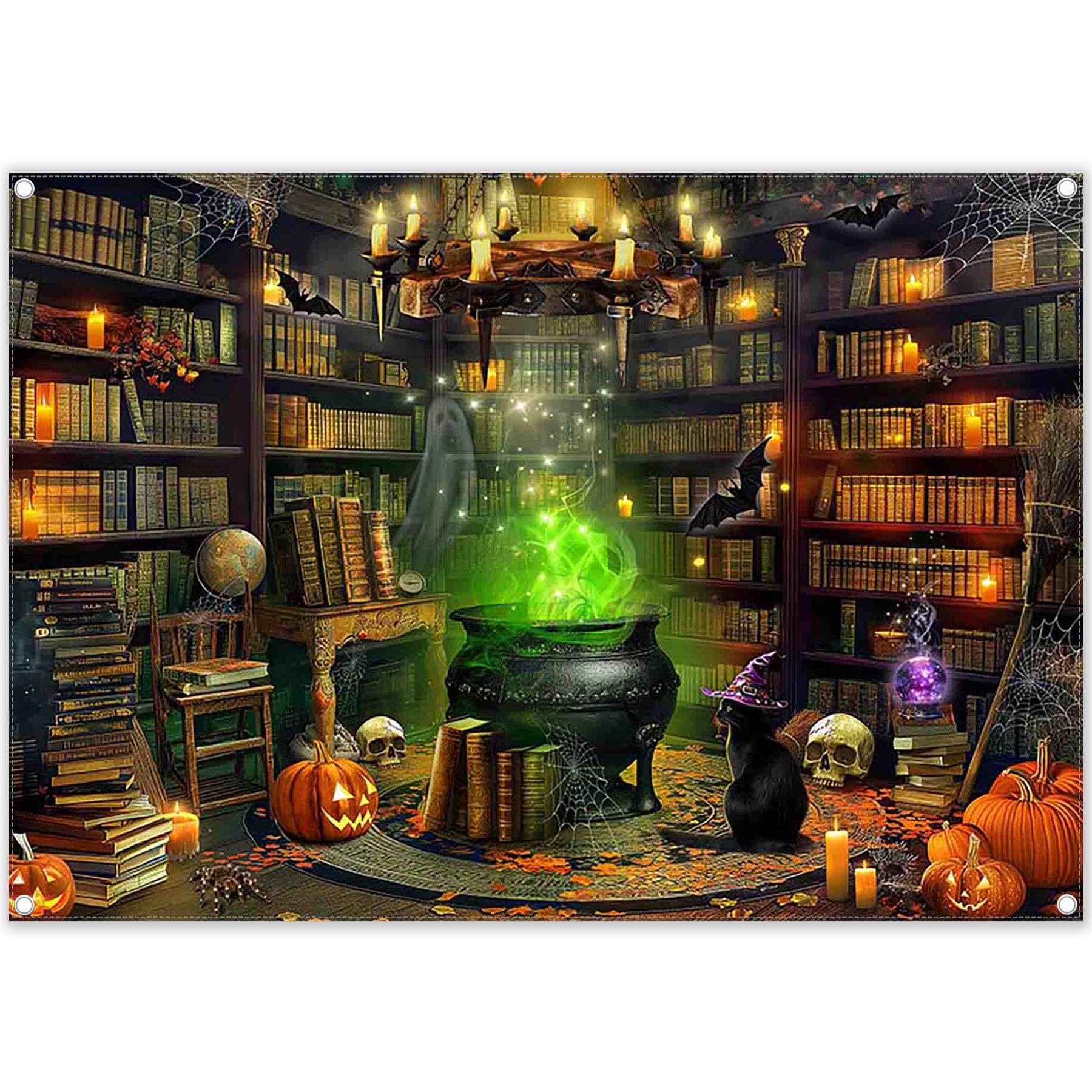 Swepuck 7x5ft Fabric Wizard Magic Bookshelf Backdrop Witch Cauldron Bookcase Spooky Ghost Bat Pumpkin Photography Background Halloween Party Decor