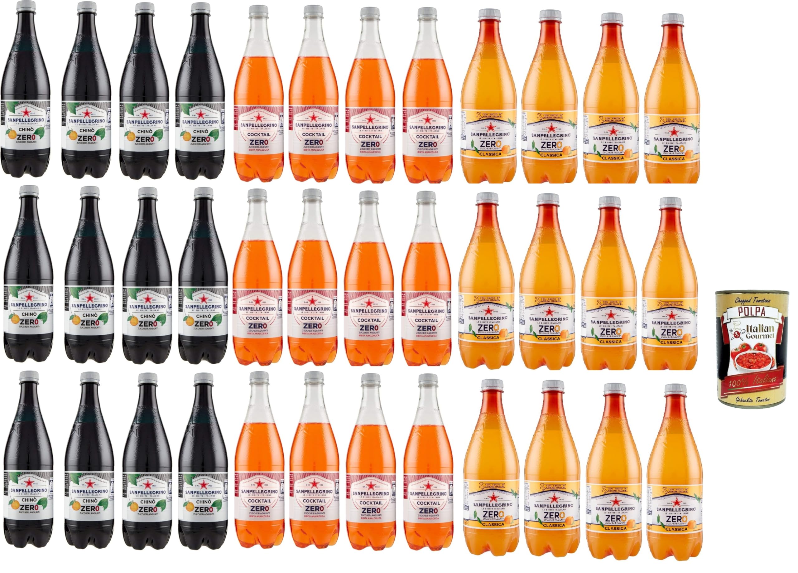 Paquete de prueba San Pellegrino Zero PET sin adición de azúcar Botella de bebidas no alcohólicas (12 x 75 cl) Ginger Cocktail Aranciata Chinotto