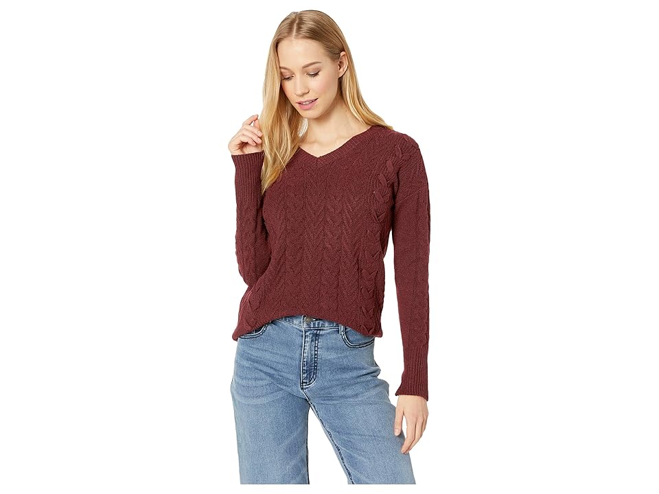 

Pink Rose Long Sleeve V-Neck Pullover Cable Sweater w/ Lace-Up Side (Burgundy Bloom) Women's Sweater
