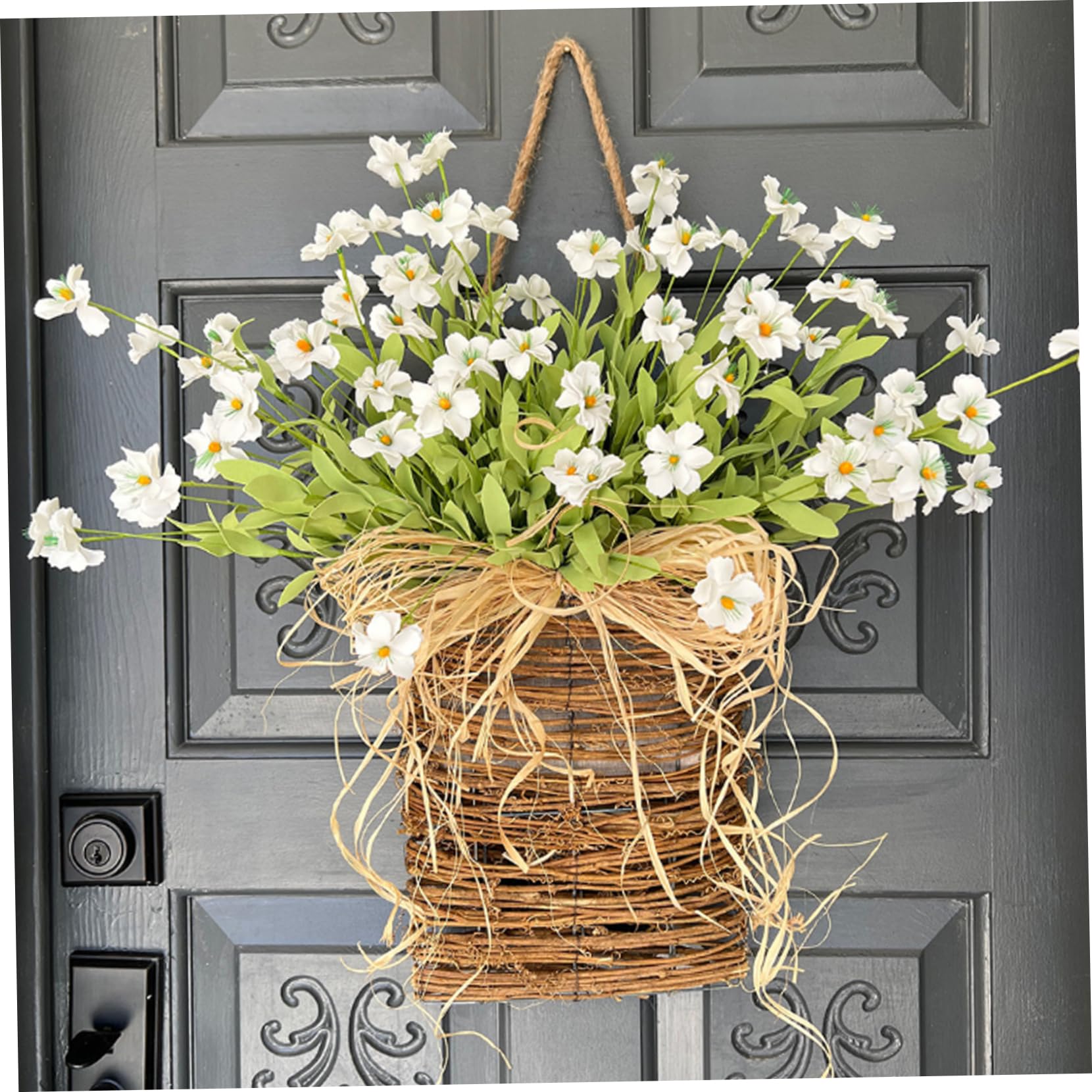 Ghirlanda primaverile per porta d'ingresso, ghirlanda floreale con cesto appeso con margherite artificiali per la decorazione primaverile della porta di casa