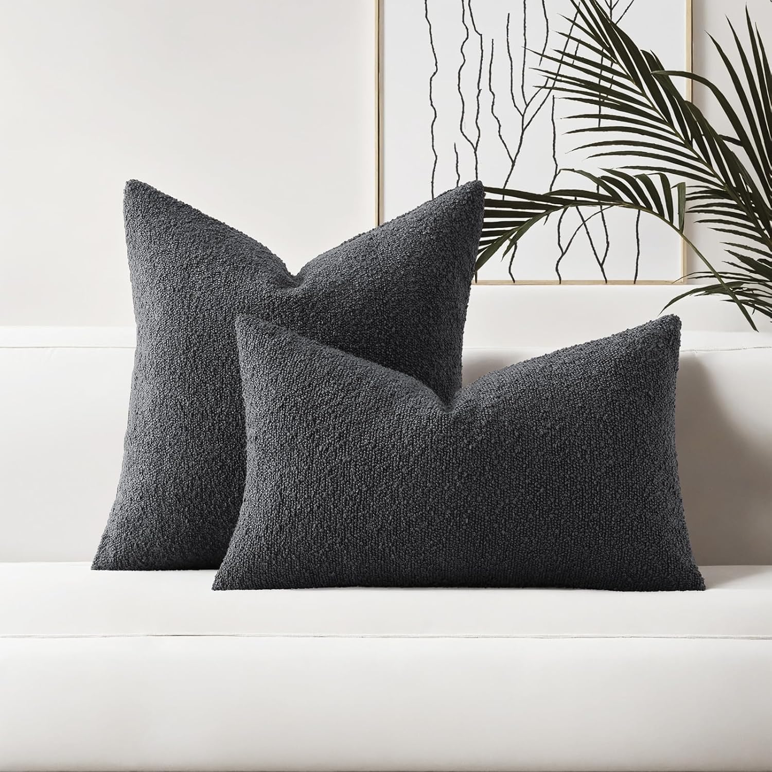 HAUSSY Set of 2 12x20 Decorative Throw Pillow Covers, Soft Cozy Textured Boucle Lumbar Pillow Cases, Home Decor for Couch Bed Living Room, Dark Grey - Image 2