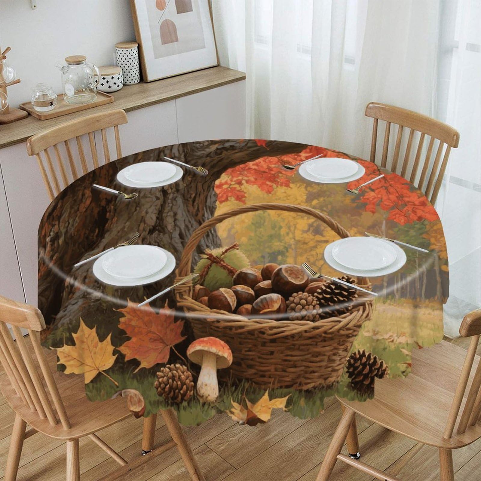 VstaDank Autumn Fall Harvest Maple Round Tablecloth Wipeable Round Polyester Tablecloth Waterproof Wrinkle Free Indoor and Outdoor Table Cover 60 Inch Decorative Farmhouse Table Cloth for Dining