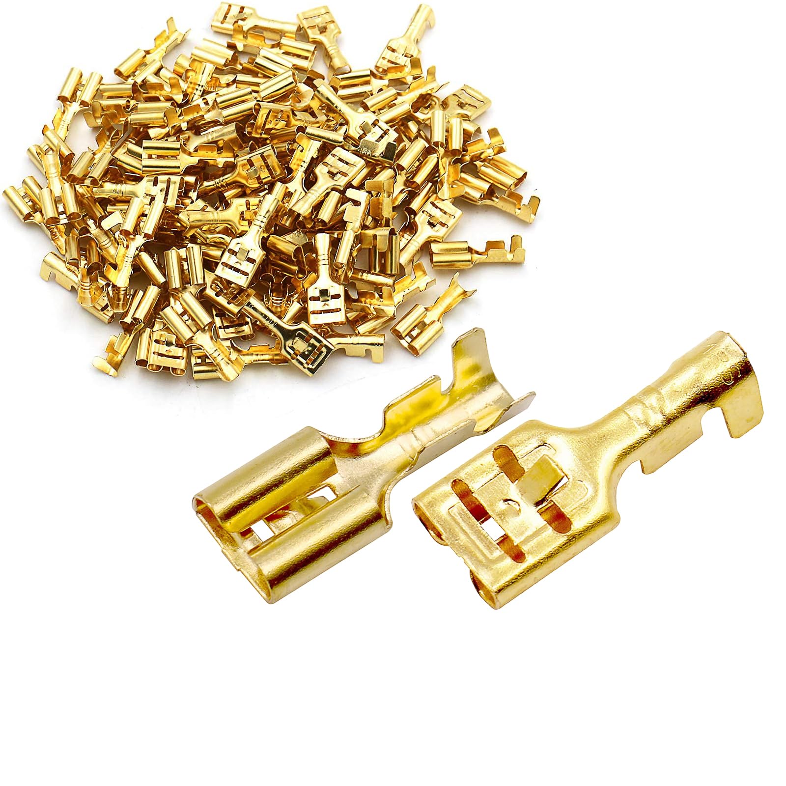 Baomain 100-Pack 1/4 inch Female Spade Quick Splice Crimp Terminals, 6.3mm Non Insulated Crimp Connector