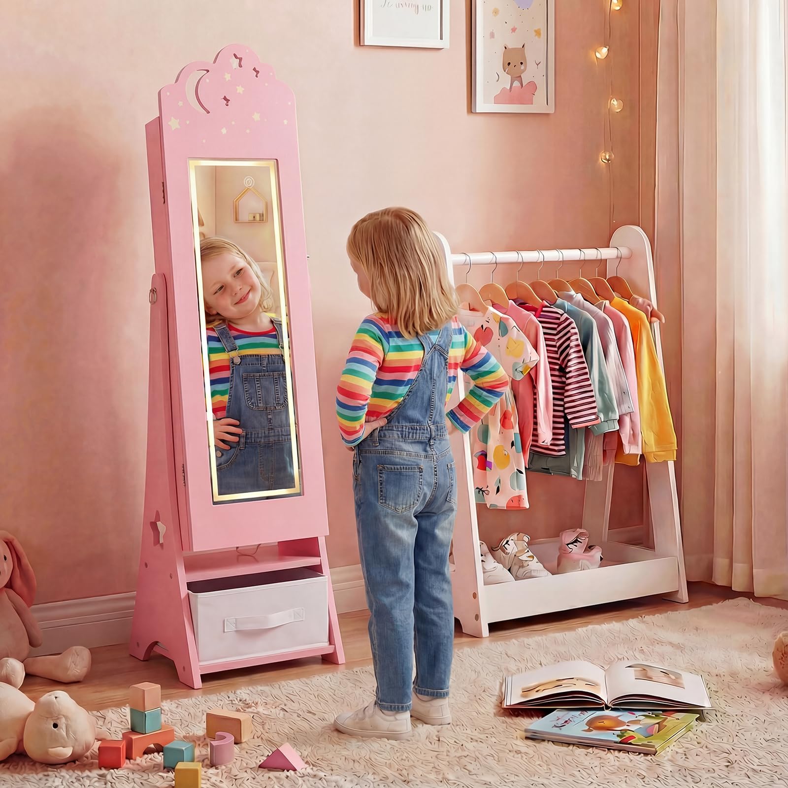 COSTWAY Armario para Joyas Infantil con Luces, Armario Joyero de Pie para Niñas con Espejo de Cuerpo Entero, 4 Luces con Sensor, Espejo Joyero para Princesas para Dormitorio Sala de Juegos (Rosa)