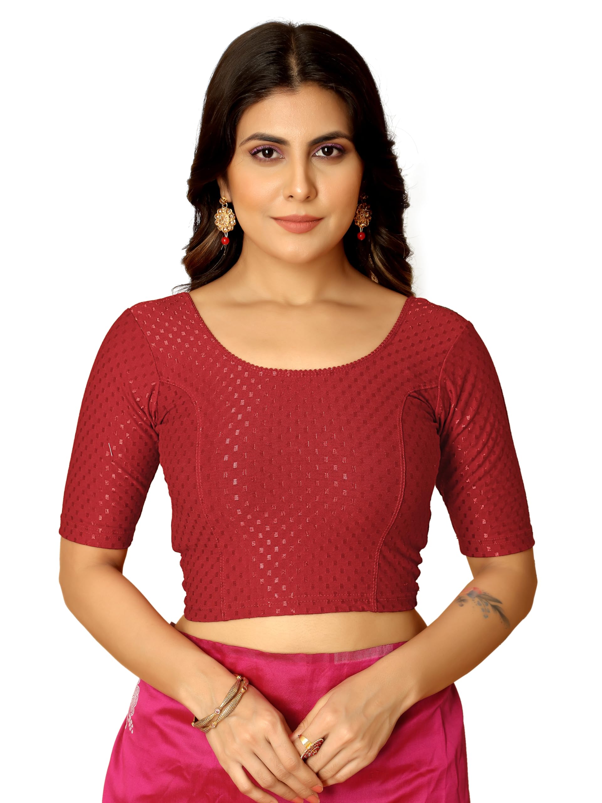 Amazon Brand - Anarva Round Neck Dobby Cotton Lycra Stretchable Elbow Half Sleeve Readymade Saree Blouse for Women Stylish