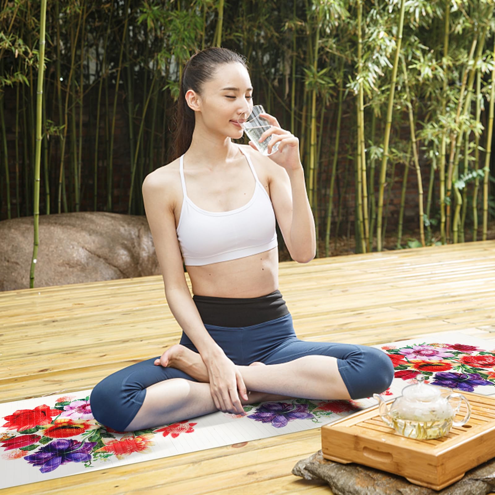 Bambus-Yogamatte, Vintage-Blume, natrliche Bambusmatte, Fitnessmatte, 61 x  170 cm, fr Zuhause, Tatami, Yoga, Pilates, Fitness und bungen, ...