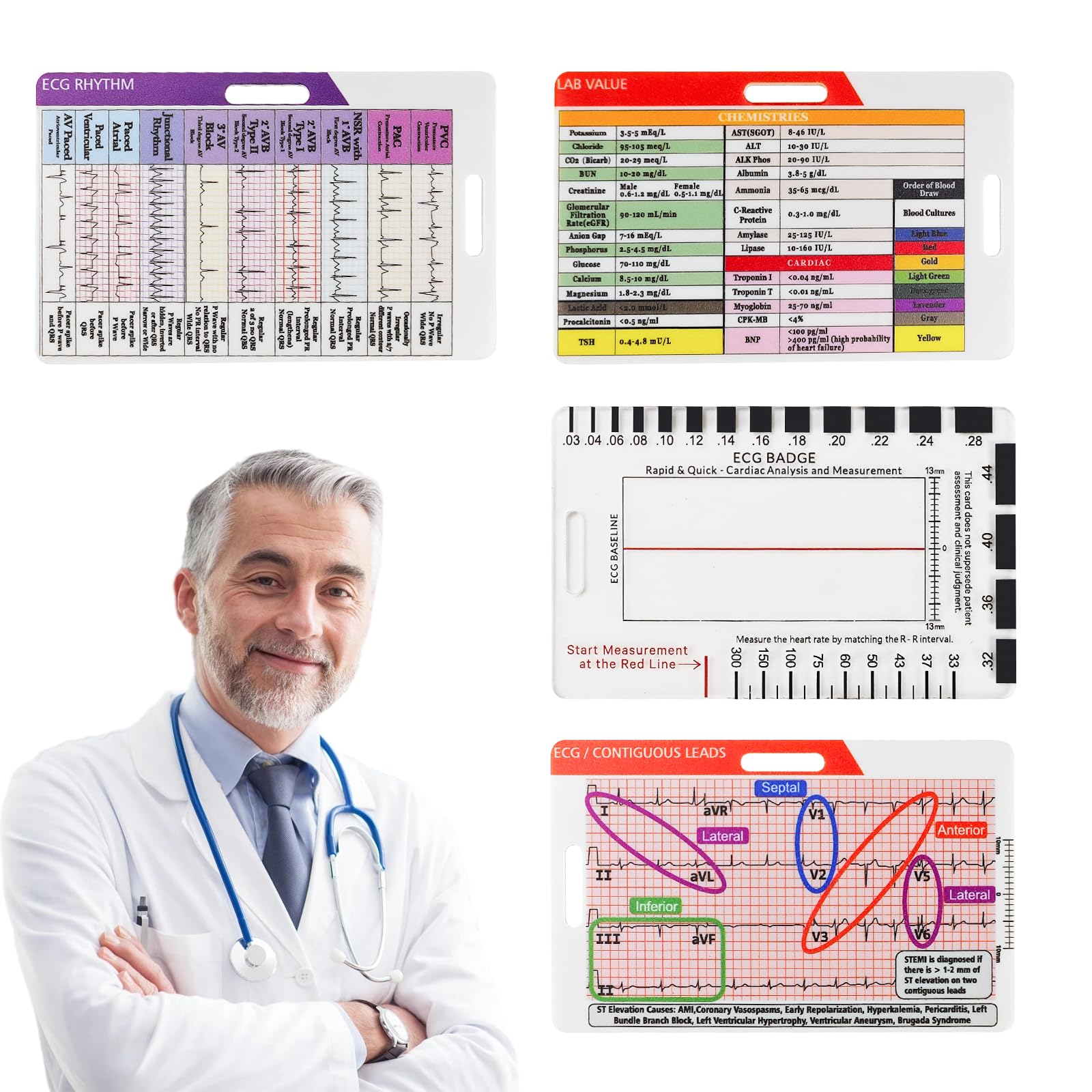 4 Pcs ECG Ruler Set, Transparent ECG 7 Step Ruler, Dual-Sided ECG Card, Badge Pocket ECG Card