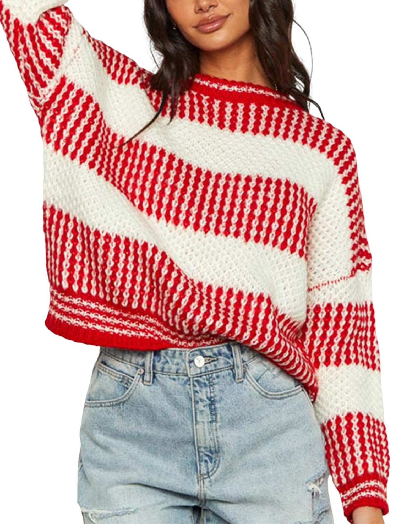 Womens Knit Sweater Red and White Striped Pattern Crew Neck Long Sleeve Pullover Tops
