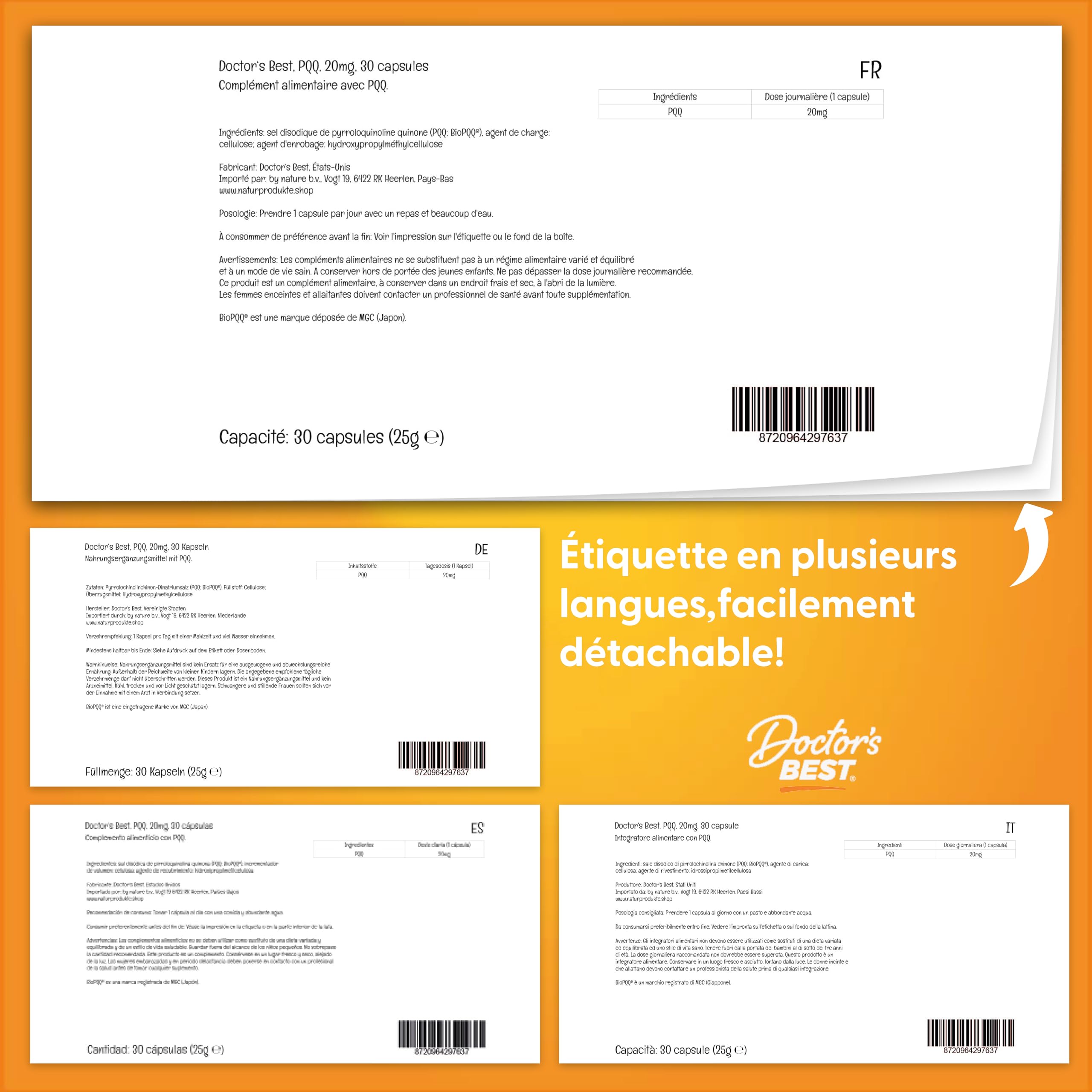 Doctor's Best, PQQ (Pyrroloquinoline Quinone), avec BioPQQ, 20 mg, 30 Capsules végétales, Hautement Dosé, Sans Soja, Sans Gluten, Sans OGM