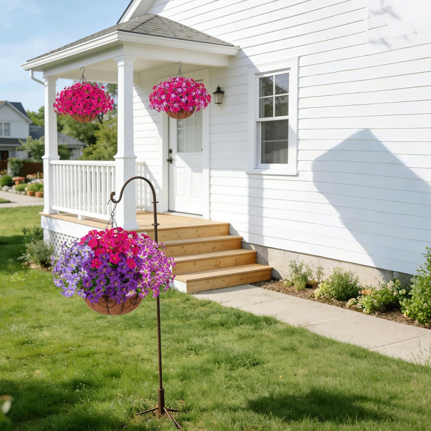 INSPRING Artificial Faux Hanging Flowers Basket for Outdoors, Spring Fake Hanging Plants Silk Petunias in Planter UV Resistants Outdoor Flowers Look Real for Outside Patio Porch Balcony Garden, 4Mix