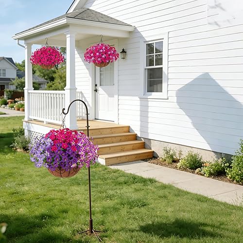 Vista 3 de INSPRING Flores artificiales para exteriores, cestas colgantes de plantas sintéticas, decoración de primavera, resistente a los rayos UV, seda falsa