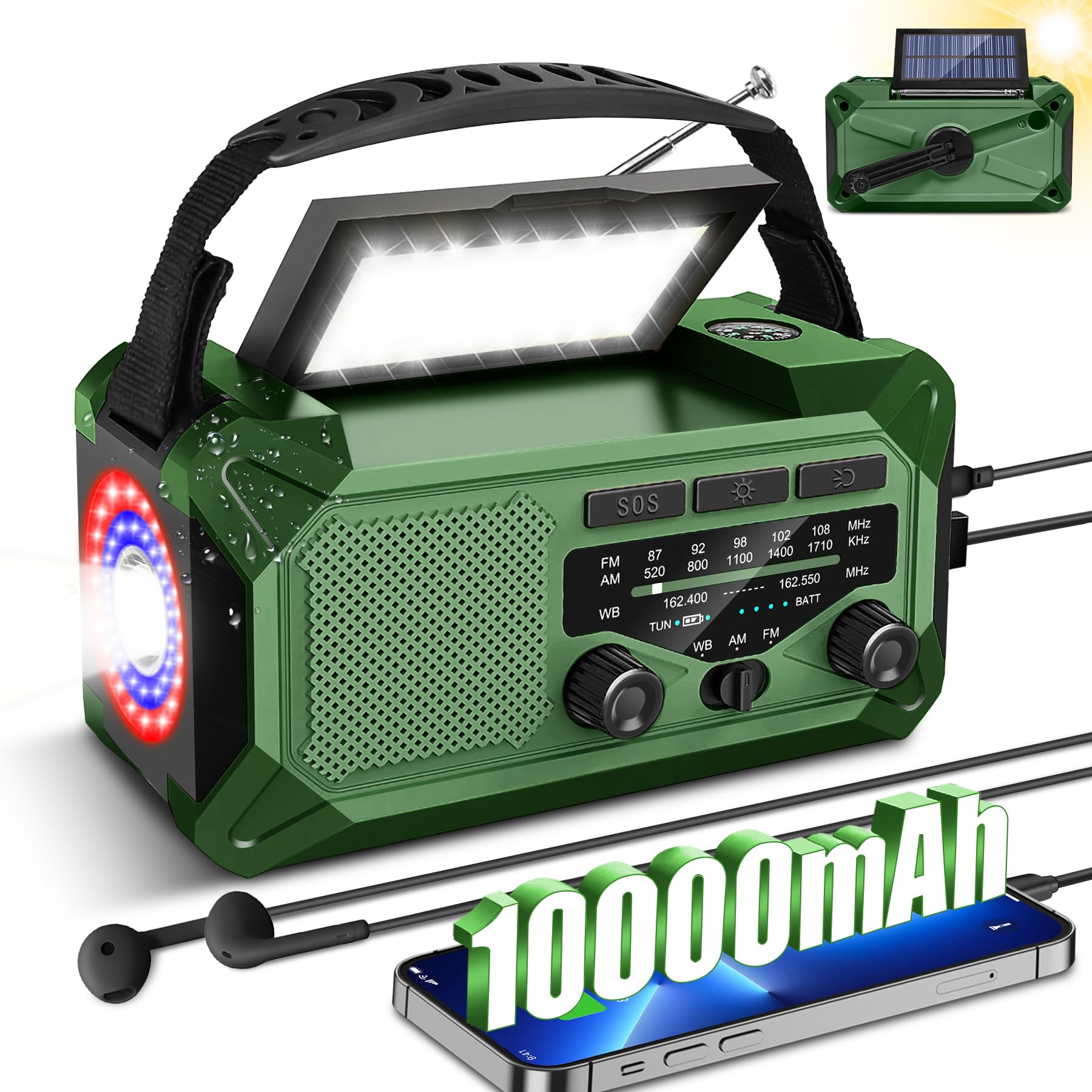 Radio meteorologica di emergenza 10000 mAh 37000 mWh NOAA/AM/FM solare a manovella con torcia, caricatore telefono, bussola, lampada da lettura