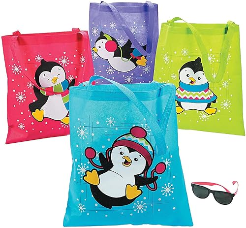 Miniatura 1 de Fun Express Bolsas de mano de pingüinos de diseño surtido (16.5 x 15 pulgadas), 12 piezas, rosa, azul y morado, perfectas para niños, recuerdos de
