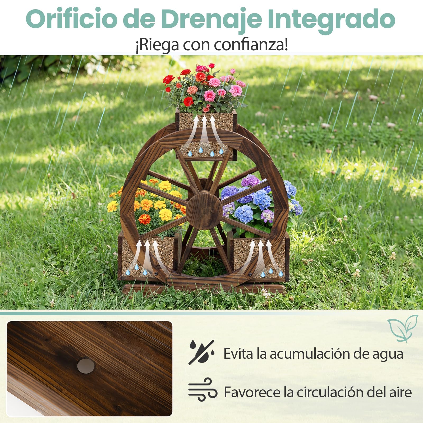 COSTWAY Cama de Jardín Elevada de 2 Niveles, Macetero de Madera Decorativo con 3 Cajas de Cultivo, Orificios de Drenaje y Ruedas, Maceta para Flores, Verduras Hierbas, Exterior e Interior