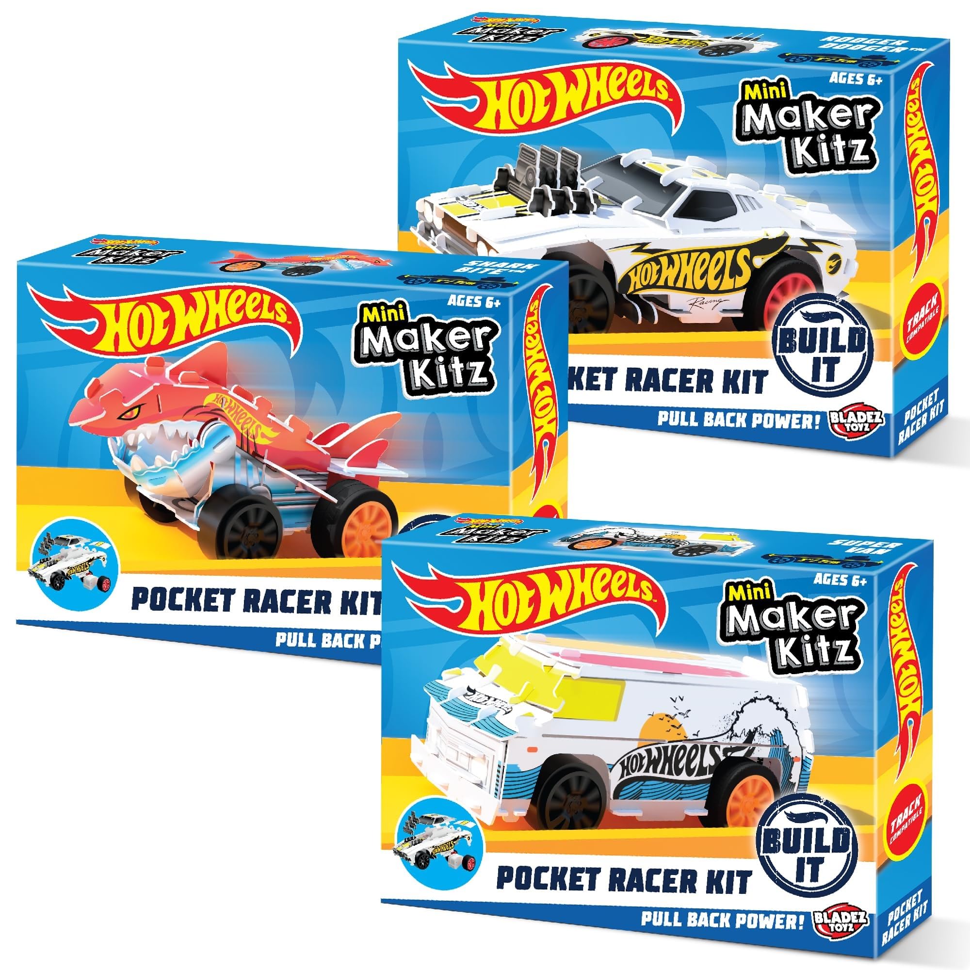 BLADEZ Hot Wheels Toyz Pocket Racer Maker Kitz 3 Pack - Build & Race Mini Cars - Pull-Back Motors for Turbo Performance & Easy Snap-Fit Assembly - Works on Hot Wheels Track - COLOURS WILL VARY