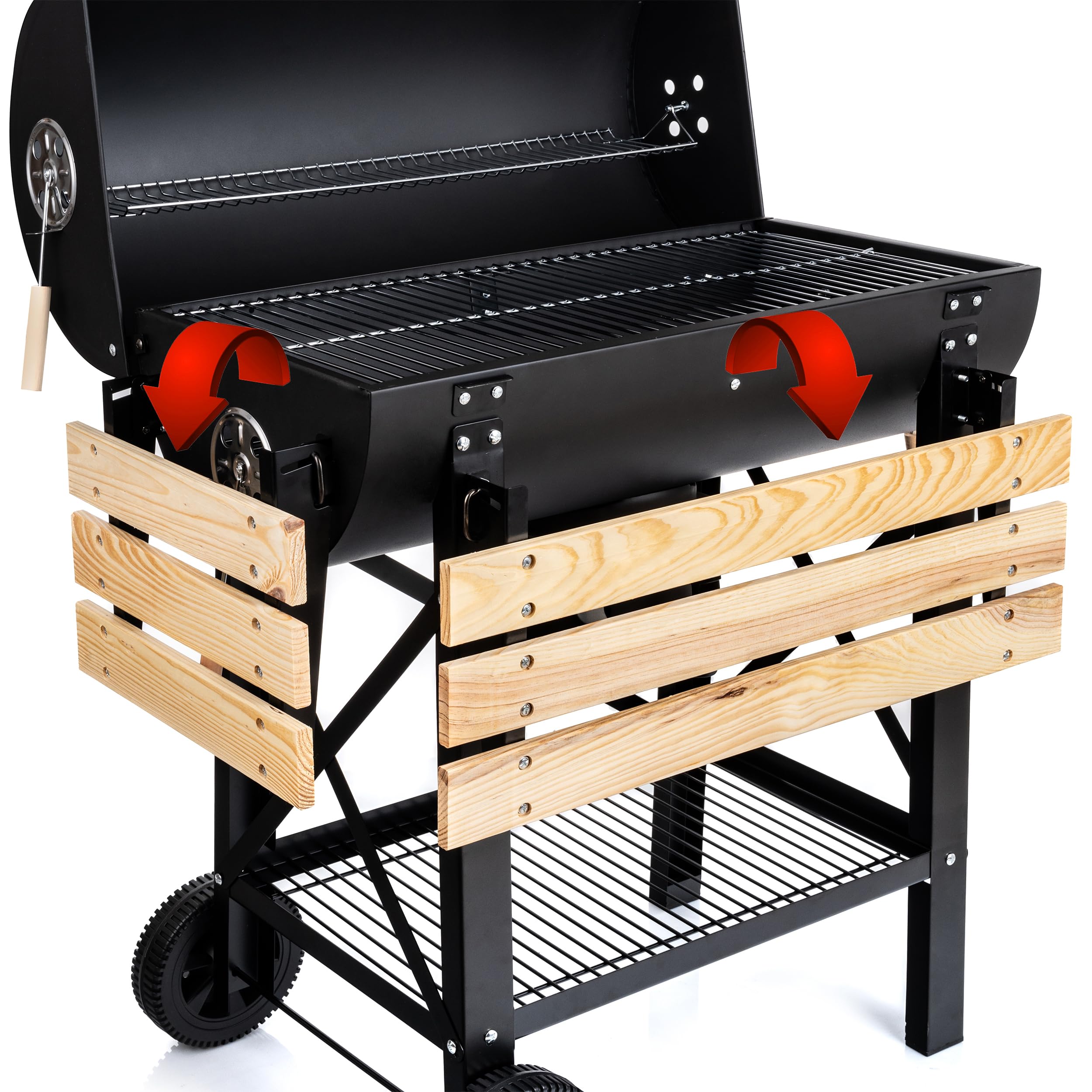 LEHMANN Barbecue a Carbonella con Griglia XL, Carrello Grill con Due Ripiani in Legno