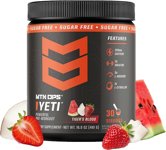 MTN OPS Yeti Pre-Workout Powder Energy Drink with Creatine, 200mg Caffeine & BCAAs with Beta Alanine, 30-Serving Tub, Tiger's Blood